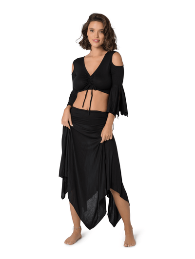 Black Top for Women, Crop Top, Open Back Top, Cold Shoulder Crop Top, Boho Hippie Fashion, Bell Sleeves Top, Backless Blouse, Sexy Top. #color_black